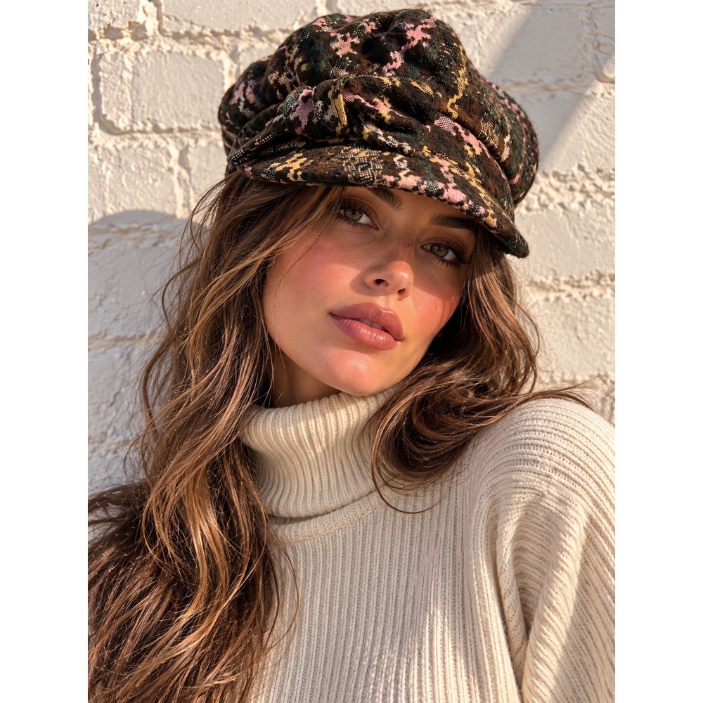 D&Y Brown Multi Acrylic Woven Newsboy Cap Side Bow Detail Cabbie Hat Y2K